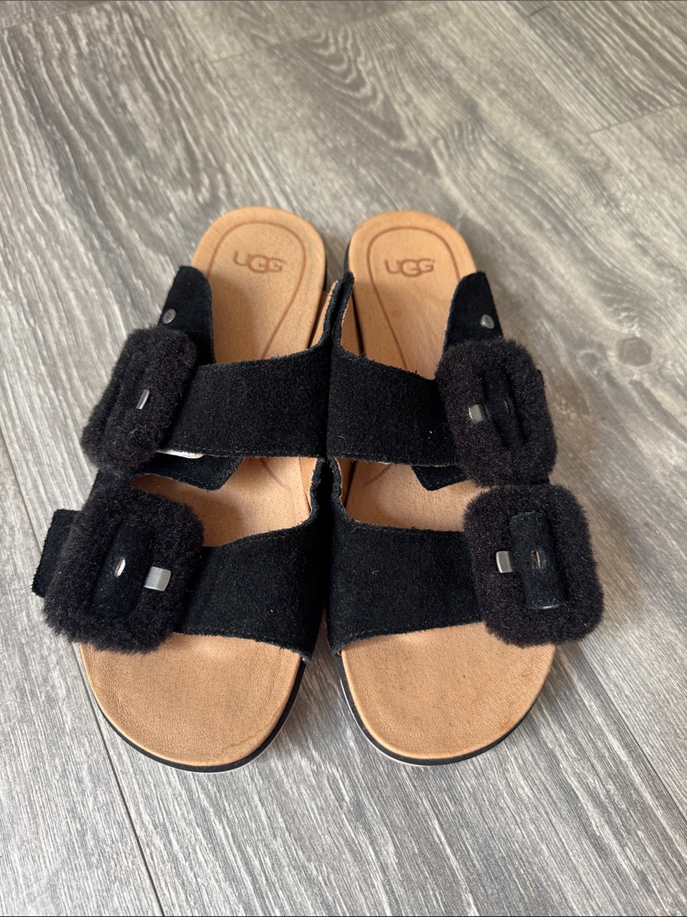 UGG Black Fuzzy Double-Buckle Slide Sandals